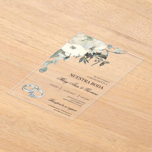 Witte Bloemen met zilveren ring Spaanse bruiloft Acryl Uitnodigingen (Laagn)