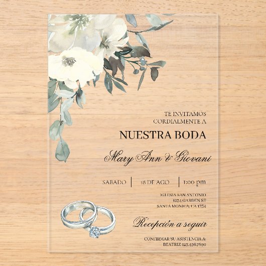 Witte Bloemen met zilveren ring Spaanse bruiloft Acryl Uitnodigingen (Voorkant)