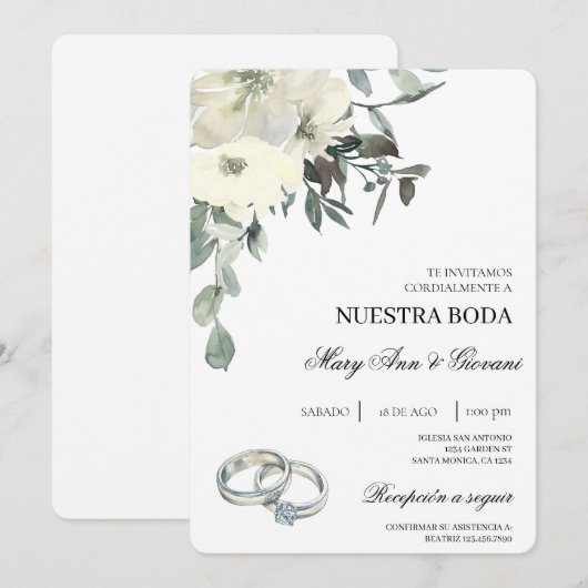 Witte Bloemen met zilveren ring Spaanse bruiloft Kaart (Voorkant / Achterkant)