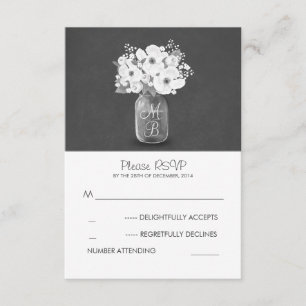 witte bloemen metselaar pot rustieke bruiloft RSVP Kaartje