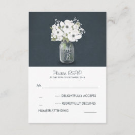 witte bloemen metselaar pot rustieke bruiloft RSVP Kaartje