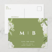Witte Bloemen Mos Groene Bruiloft Save the Date Briefkaart (Voorkant / Achterkant)