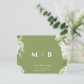 Witte Bloemen Mos Groene Bruiloft Save the Date Briefkaart (Staand voorkant)