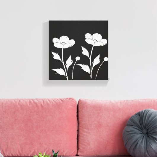 Witte Bloemen op Black Wall Art | Minimalistische Canvas Afdruk (Insitu (Woonkamer))