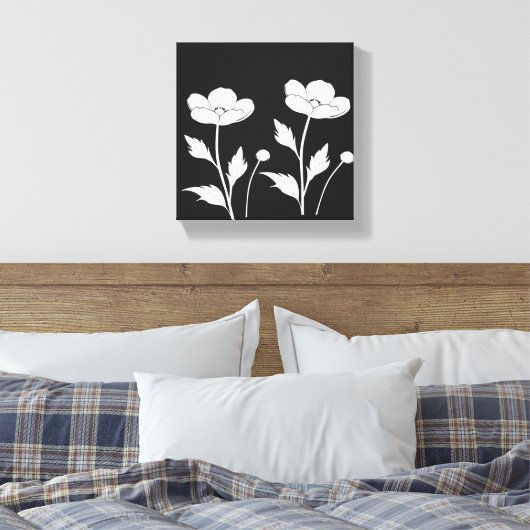 Witte Bloemen op Black Wall Art | Minimalistische Canvas Afdruk (Insitu (Slaapkamer))