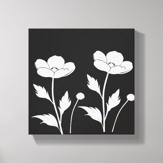 Witte Bloemen op Black Wall Art | Minimalistische Canvas Afdruk (Voorkant)