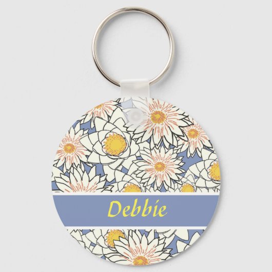 Witte bloemen op blauw sleutelhanger (Voorkant)