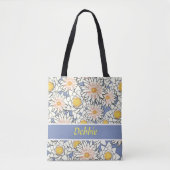 Witte bloemen op blauw tote bag (Voorkant)