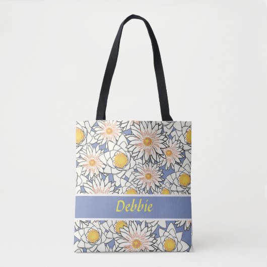 Witte bloemen op blauw tote bag (Voorkant)