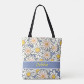 Witte bloemen op blauw tote bag (Achterkant)