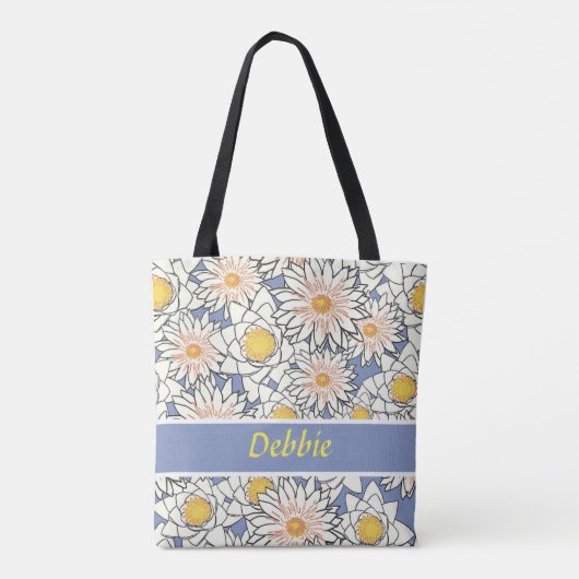 Witte bloemen op blauw tote bag (Achterkant)