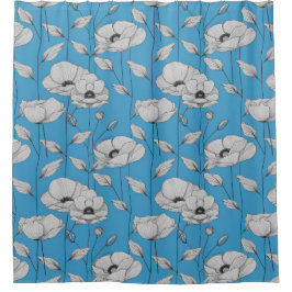 Witte bloemen op blauwe achtergrond douchegordijn