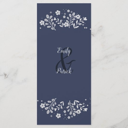 Witte Bloemen op blauwe bruiloft Menu (Achterkant)