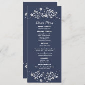 Witte Bloemen op blauwe bruiloft Menu (Voorkant / Achterkant)