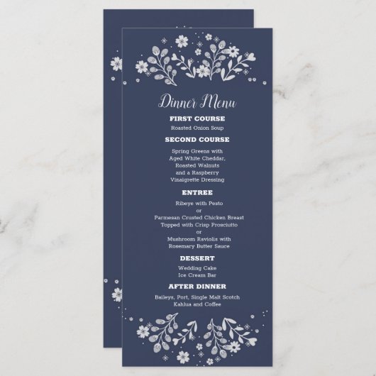 Witte Bloemen op blauwe bruiloft Menu (Voorkant / Achterkant)