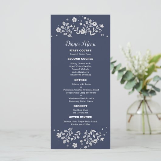 Witte Bloemen op blauwe bruiloft Menu (Staand voorkant)