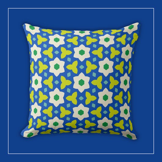 Witte bloemen op blauwe en groene geometrische blo kussen