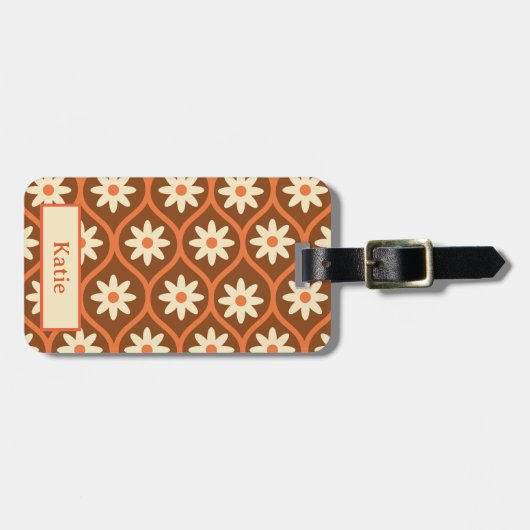 Witte Bloemen op Bruin  Ogee Custom Bagagelabel (Voorkant horizontaal)