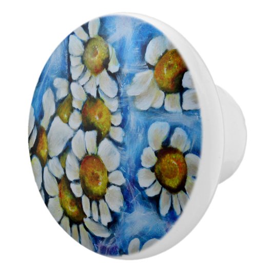 Witte Bloemen op een blauwe achtergrond Keramische Knop (Rechts)