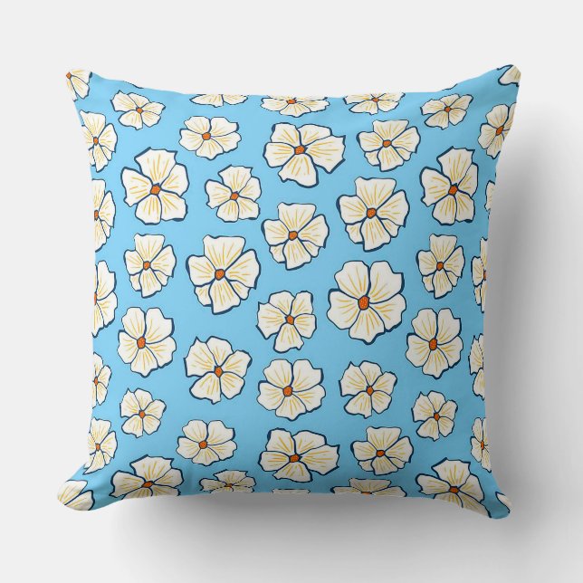 Witte bloemen op een blauwe achtergrond kussen (Voorkant)