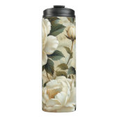 Witte bloemen op een crème achtergrond. thermosbeker (Voorkant)