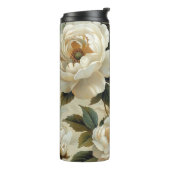 Witte bloemen op een crème achtergrond. thermosbeker (Gedraaid links)