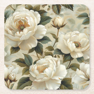 Witte bloemen op een crèmekleurige achtergrond. kartonnen onderzetters