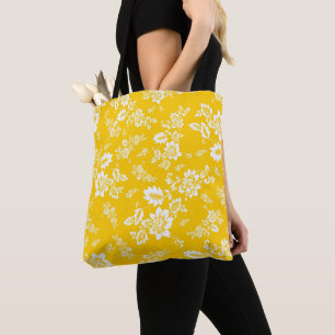 Witte bloemen op een gele lente achtergrond tote bag