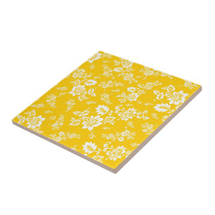 Witte bloemen op een gele lenteachtergrond tegeltje