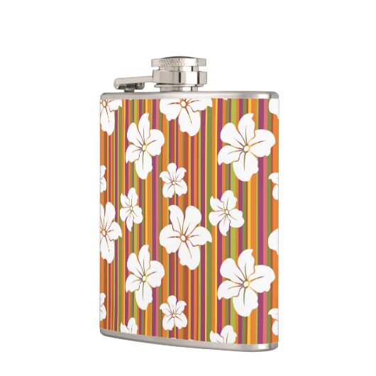 Witte bloemen op een gestreepte achtergrond heupfles (Links)