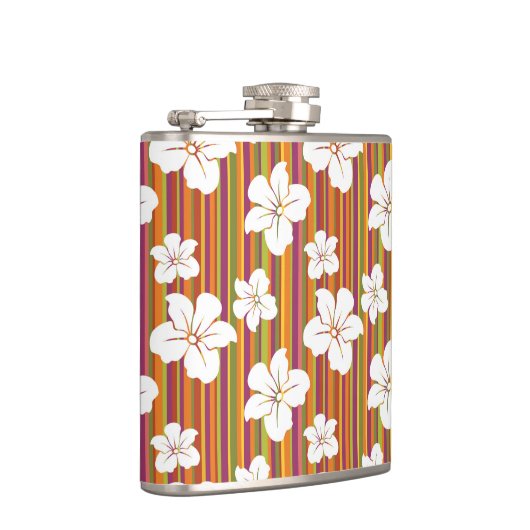 Witte bloemen op een gestreepte achtergrond heupfles (Rechts)