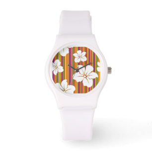 Witte bloemen op een gestreepte achtergrond horloge