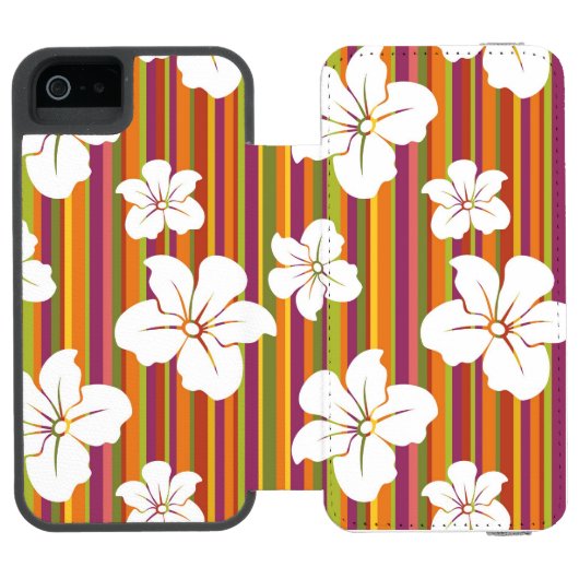 Witte bloemen op een gestreepte achtergrond incipio iPhone portemonnee hoesje (Agenda Open)