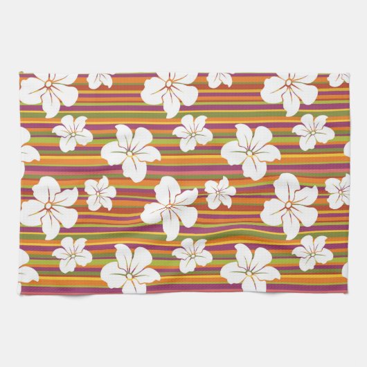 Witte bloemen op een gestreepte achtergrond theedoek (Horizontaal)