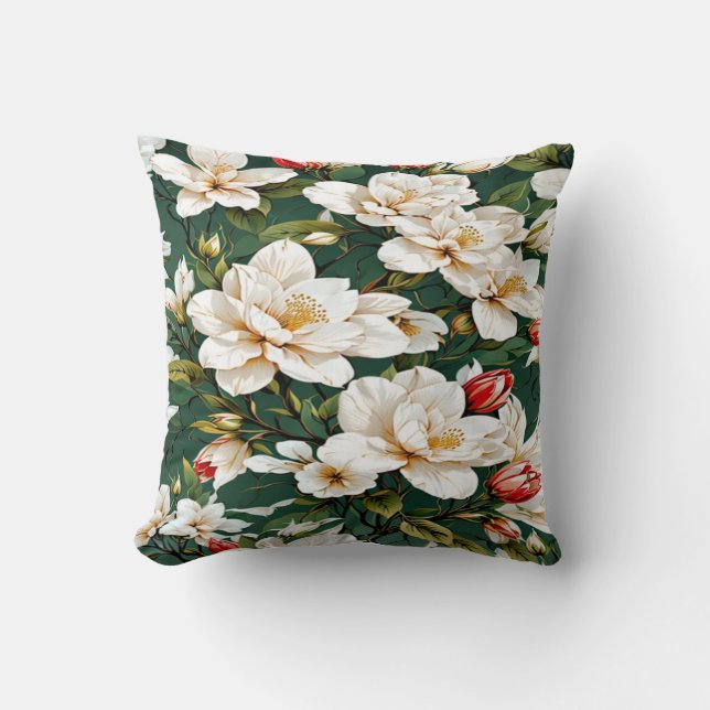 Witte bloemen op een groen patroon kussen (Voorkant)