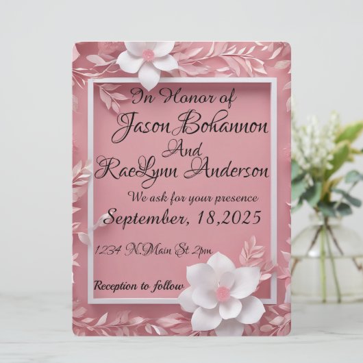 Witte bloemen op een roze achtergrond en wit lijst save the date (Staand voorkant)