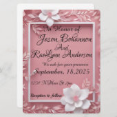 Witte bloemen op een roze achtergrond en wit lijst save the date (Voorkant / Achterkant)