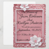 Witte bloemen op een roze achtergrond en witte lij save the date (Voorkant / Achterkant)