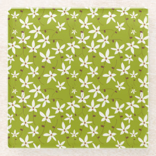 Witte Bloemen op Groene Patroon Retro Glazen Onderzetter