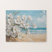 Witte bloemen op het strand olieverfschilderij legpuzzel (Horizontaal)