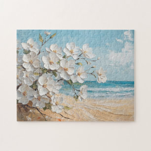 Witte bloemen op het strand olieverfschilderij legpuzzel