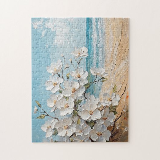 Witte bloemen op het strand olieverfschilderij legpuzzel (Verticaal)