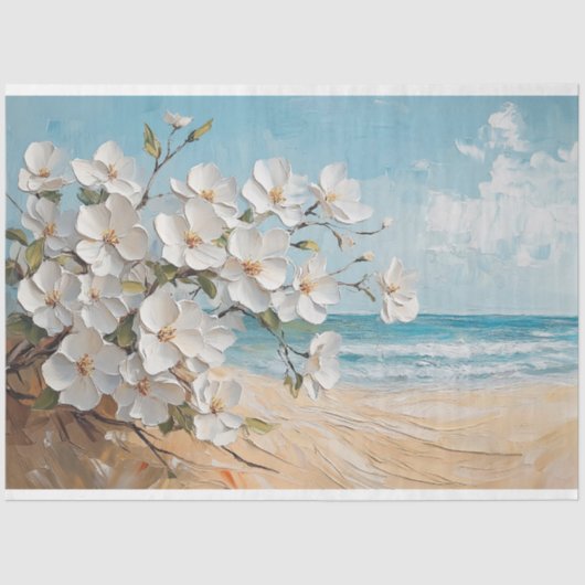 Witte bloemen op het strand olieverfschilderij tissuepapier (Voorkant)