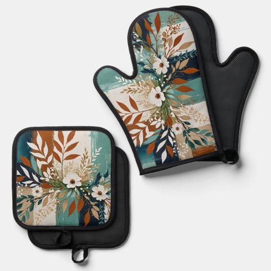 Witte bloemen op kleurrijke abstracte achtergrond  ovenwant & pannenlap set (Voorkant / Achterkant)