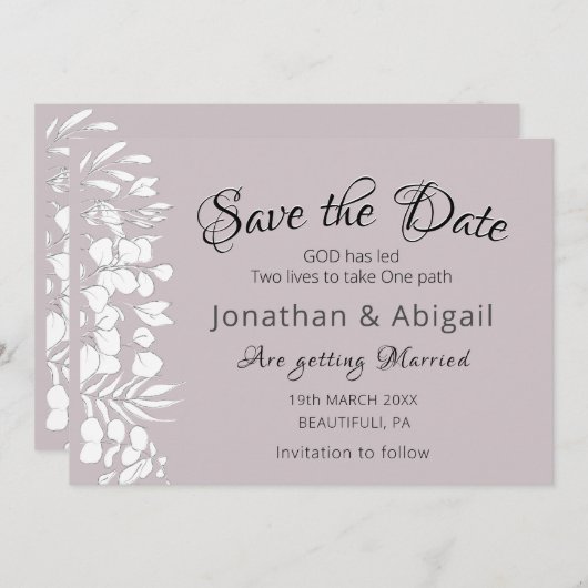 Witte Bloemen op Lavendel Inspirerend bruiloft Save The Date (Voorkant / Achterkant)