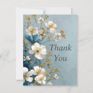 Witte bloemen op lichtblauwe dankkaart briefkaart