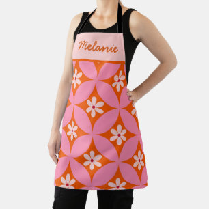 Witte bloemen op mid century roze cirkels op maat  schort