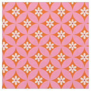 Witte bloemen op mid century roze cirkels patroon stof