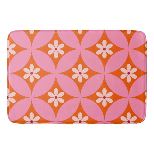 Witte bloemen op midden eeuw roze cirkels patroon badmat (Voorkant)