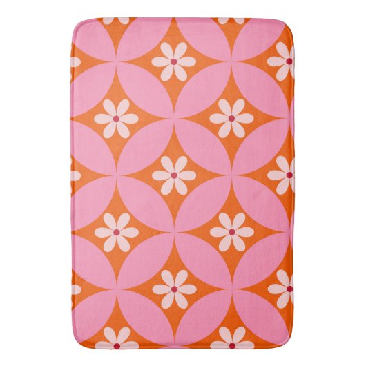 Witte bloemen op midden eeuw roze cirkels patroon badmat (Voorkant Verticaal)